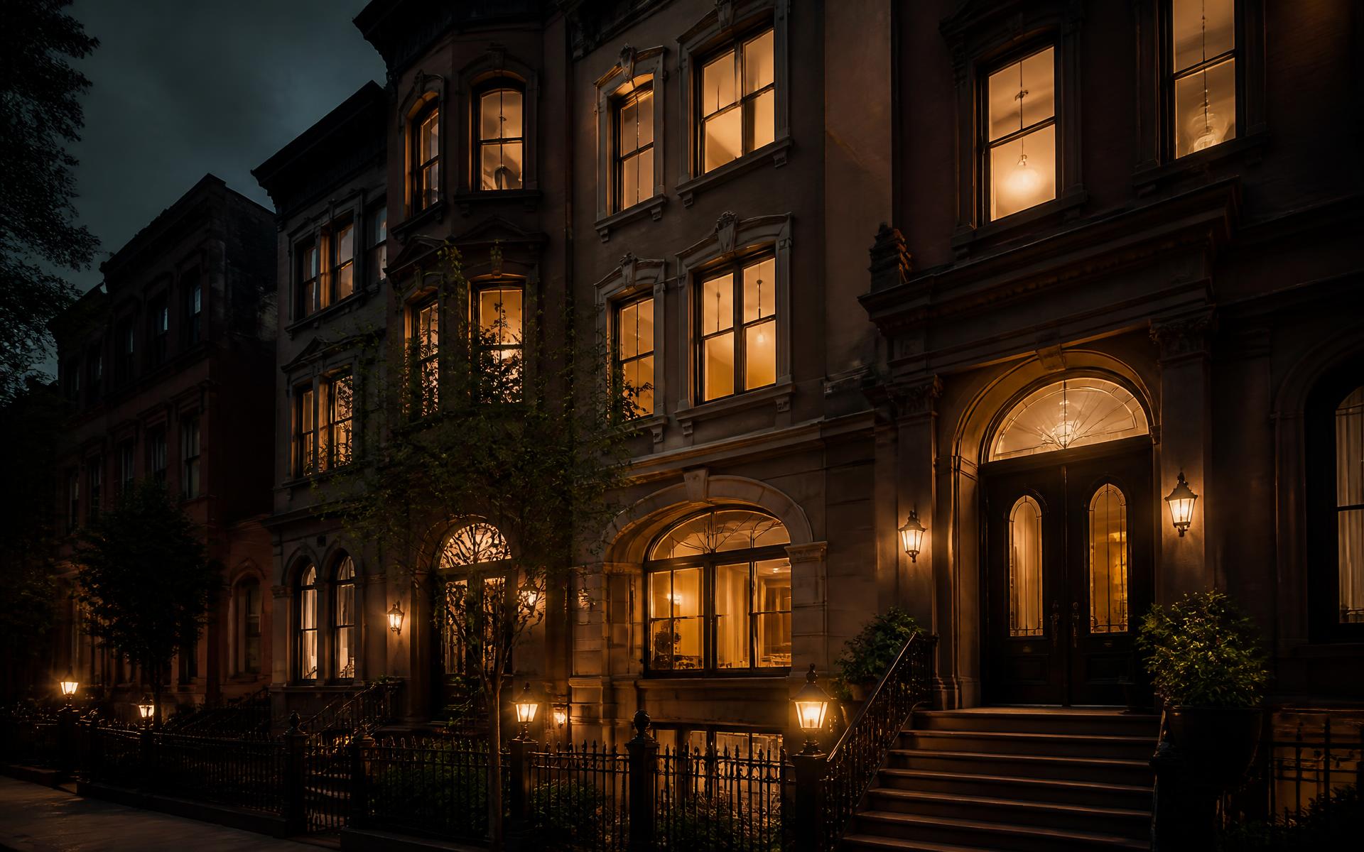 Brooklyn brownstones at dusk with warm lit windows